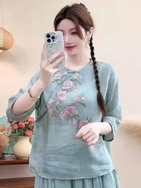 Traditional Chinese Style Cotton Linen Retro Asymmetrical Shirts for Women with Embroidery Frog Buttons Loose Tee Hanfu CN-210