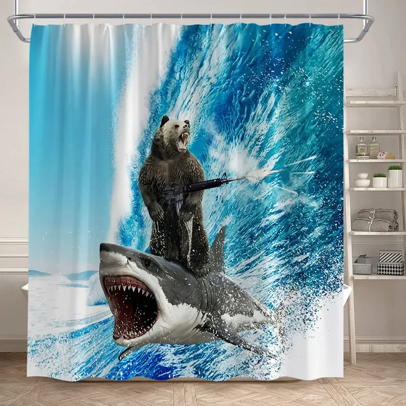 Funny Bear Shower Curtains Sea Waves Sharks Ocean Animals Creative Kids Bath Curtain Polyester Fabric Bathroom Decor with Hooks