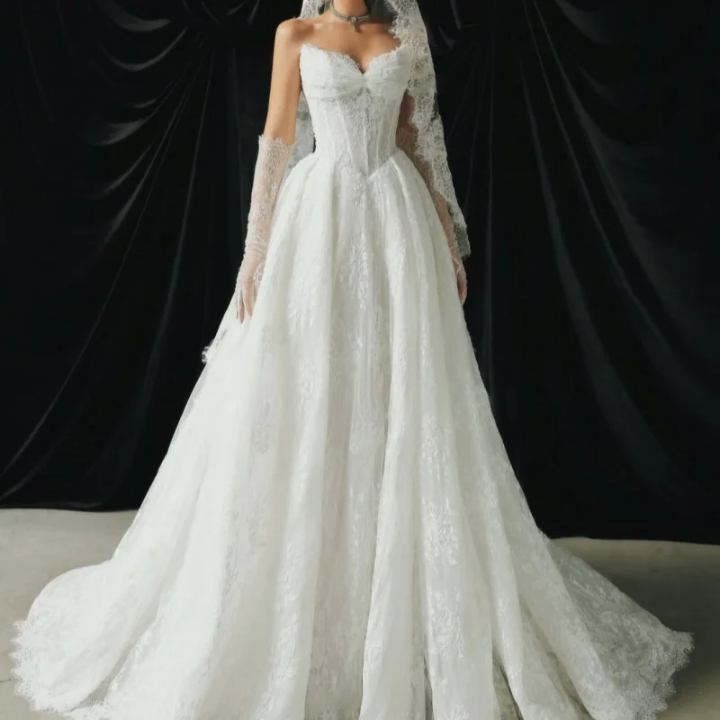 Lace White Appliques Wedding Dresses Beadwork Crystal Decal Skirt long tail A-line Slit Made wedding dress Bridal Gown