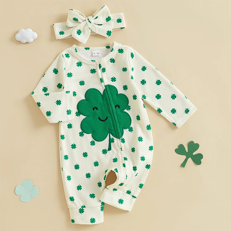 

Infant Shamrock Print with Long Sleeves O Neck and Unique Oblique Zipper Design for St Patrick s Day