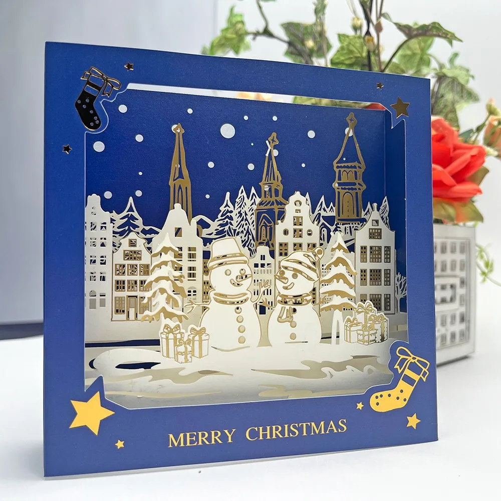 

New Christmas 3D Stamping Box Greeting Card Holiday Christmas Eve Wish Card Gift Box Happy New Year With Envelope