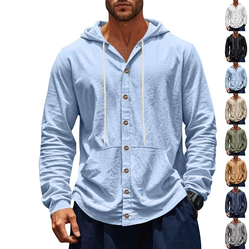 2025 New Fashion Americans Style Men's Loose Linen Hooded Single-breasted Long Sleeve Shirts Casual Trendy Shirts Male Clothes