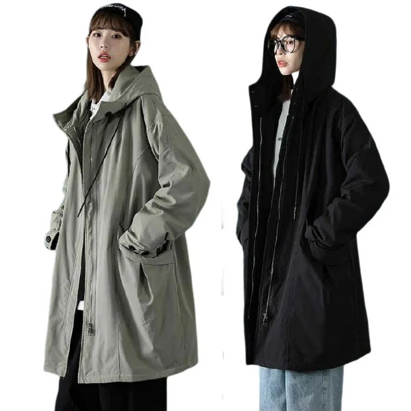 

Student Chic Turn-down Collar Trench Thin Hooded Coats Women Autumn Double Breasted Jacket Woman Loose Windbreaker Female