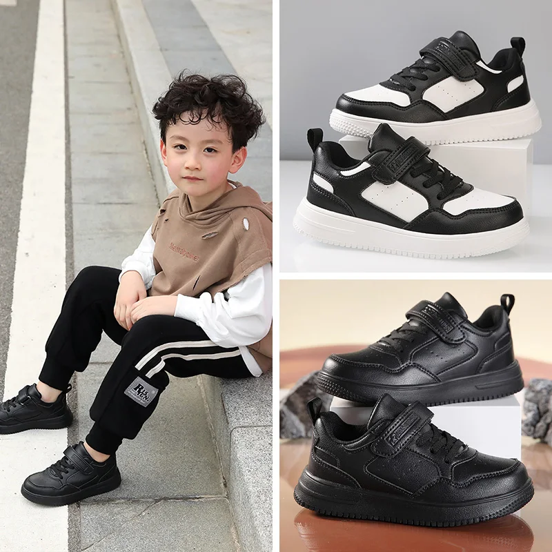 Kinder Sneaker Jungen Freizeitschuhe Schwarz Leder Flache Studenten Wanderschuhe Rutschfeste Mädchen Leichte Sport Tennisschuhe – Detail 3