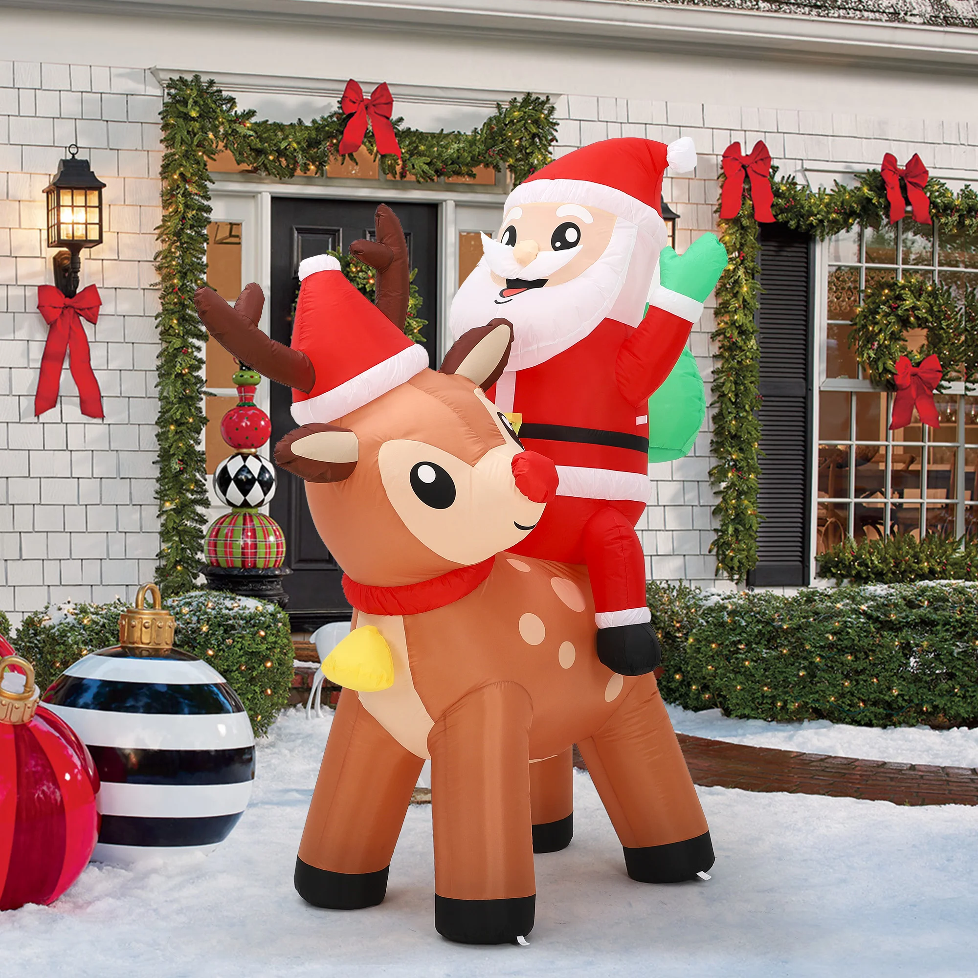 7FT Christmas Inflatable Outdoor Decoration Giant Santa Claus Riding Reindeer with Built-in Bright LED Lights Self Inflating Blow Up Xmas Yard Decor Waterproof Weather Resistant for Lawn Garden Porch Indoor Outdoor Holiday Party Night Display