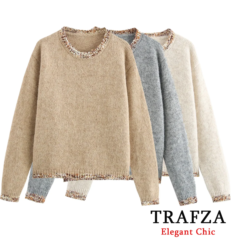 TRAFZA-Women Casual Knit Sweater Popcorn Effect  Edge O-Neck Pullover New 2024 Fashion Spring Fall Holiday Festivities Sweater