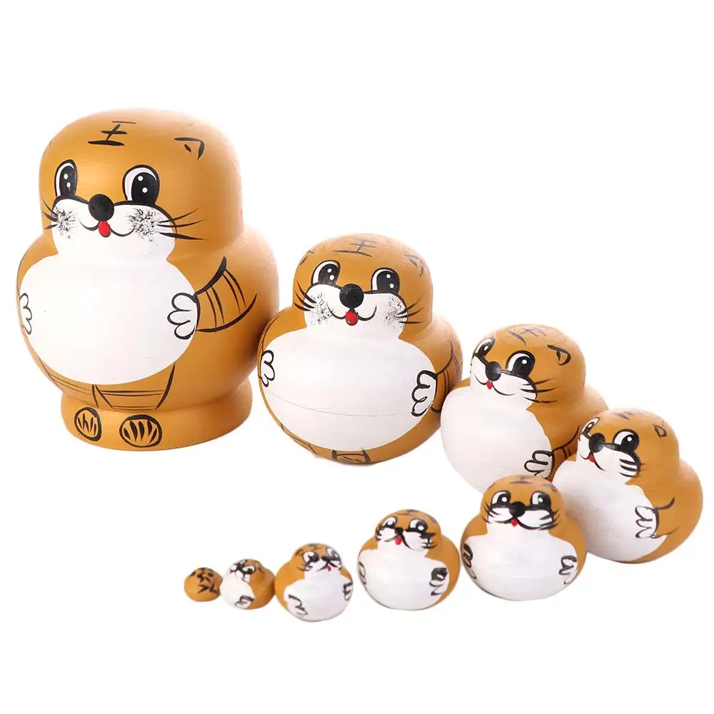 10 Layer Tiger Russian Nesting Animals Pattern Wooden Animal Tiger Stacking Large Eyes Cartoon Matryoshka Toddlers Child
