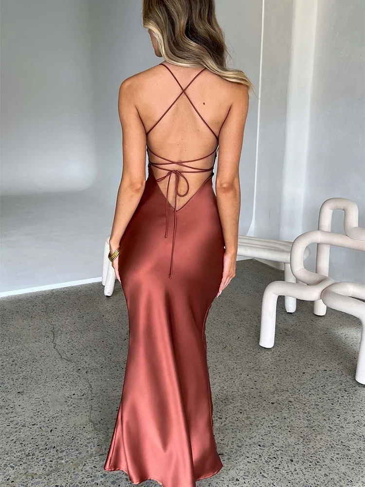 Satin rücken freie Schnürung Meerjungfrau Slip Kleid Frauen Schatz Hals sexy schlanke figur betonte Kleider elegante Seide Kleid Party wear