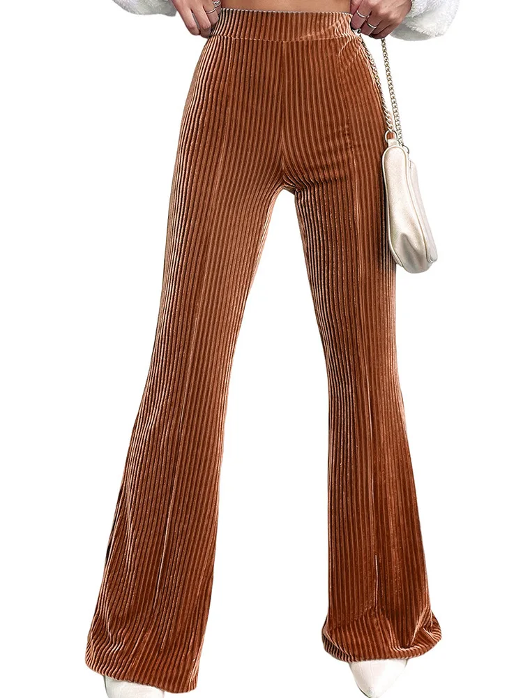 2025 New European and American Women's Fashion, Sexy, Pure Color High-waisted Velvet Corduroy Bell-bottom Pants