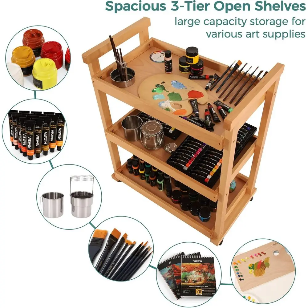 3-poziomowy wózek na kółkach z drewna bukowego do przechowywania w studio, klasie i dla artystów