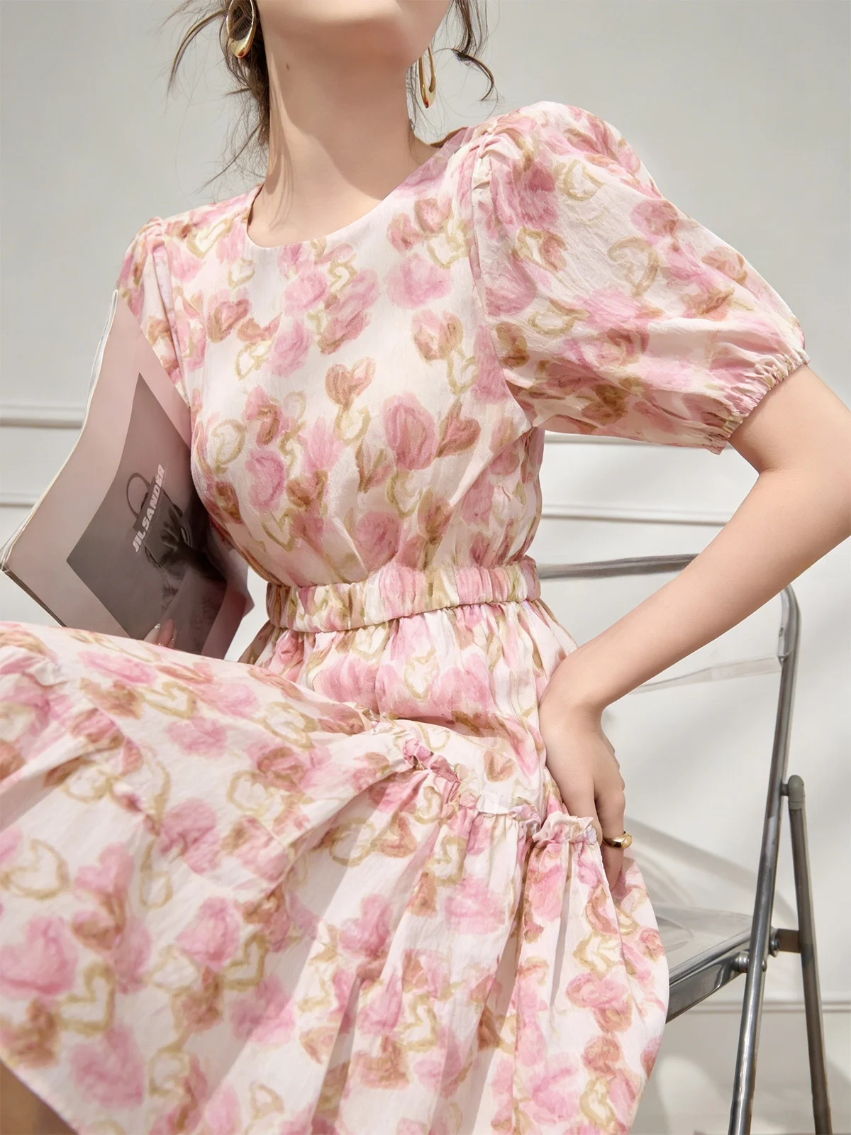

Elegant Pink Floral Print Women's Dress Slimming Waist A-Line Skirt Long Sleeve Mid-Length Casual Sweet Style Autumn Wear