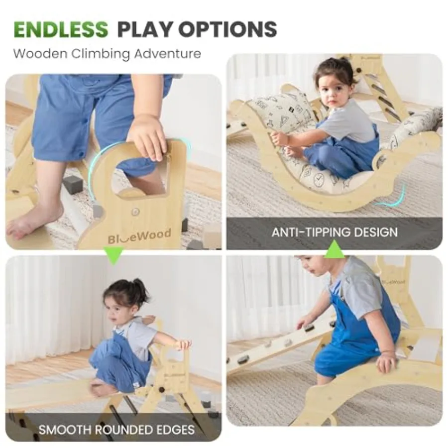 Zestaw Trójkąt Pikler z Poduszką 8-w-1 Zabawki do Wspinaczki dla Maluchów Filozofia Montessori Zabawa w Jungle Gym z Łukiem, Rampą i Drabinką