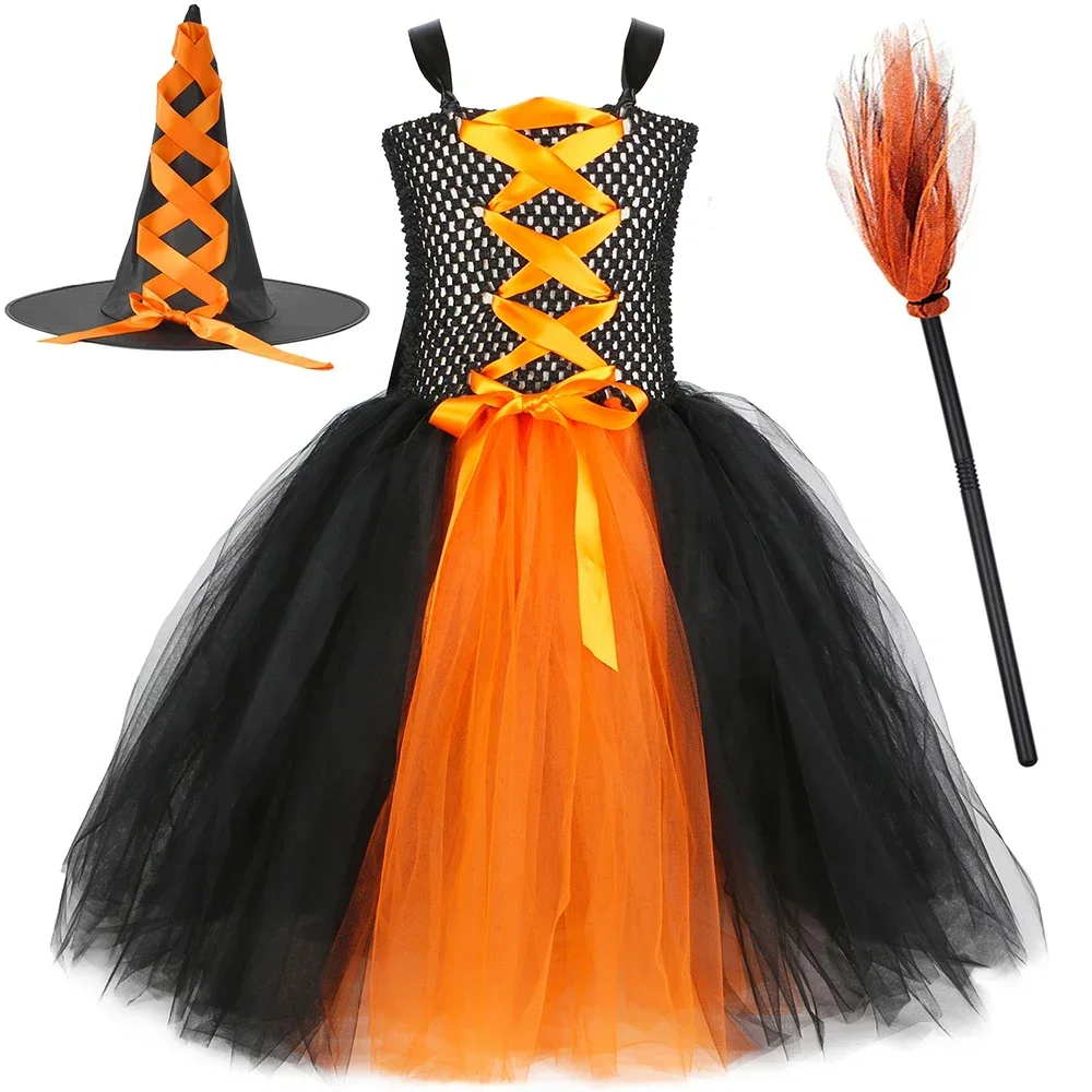 Orange Black Witch Costume for Girls Halloween Tutu Dress Evil Queen Princess Dress Toddler Kids Purim Carnival Party Clothes