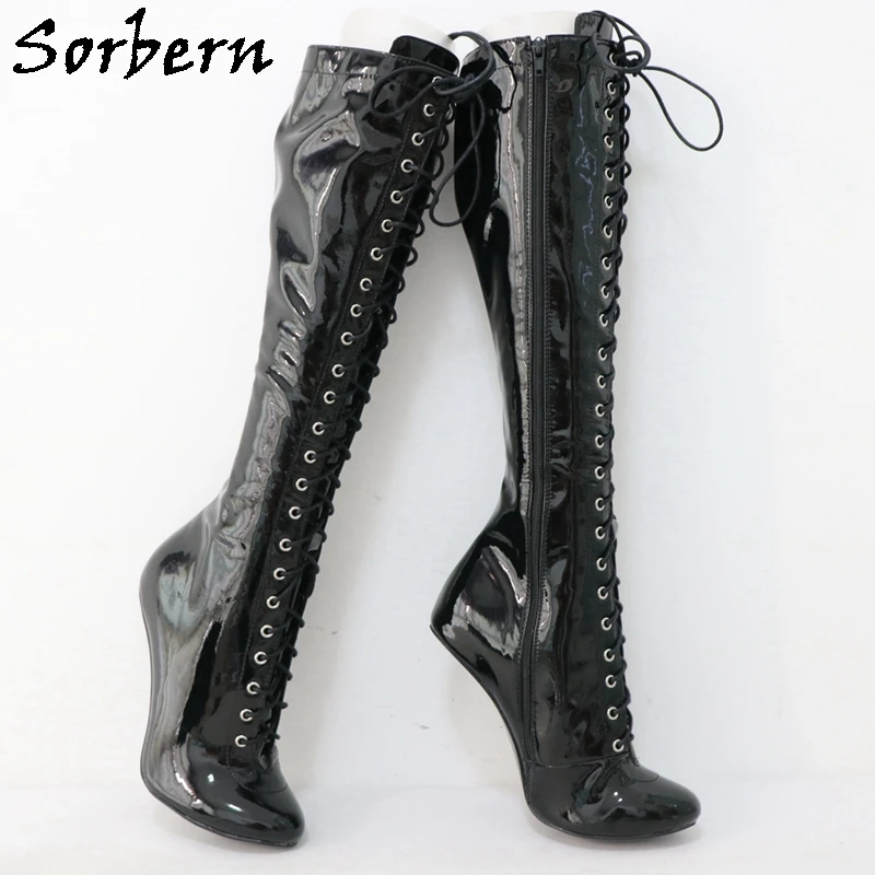 Sorbern Customized Slim Leg Fit Boots Women Knee High No Heels Lace Up Fetish Shoes Round Toe Zipper Up Plush Lining