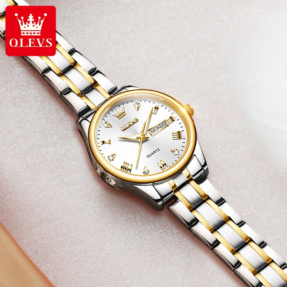 OLEVS Fashion Luxury Brands Women\'s Watches Stainless Steel Dual Calendar Waterproof Quartz Ladies Wristwatches Reloj Mujer