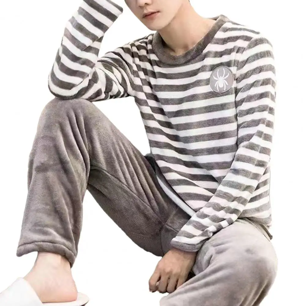 Men Pajama Set Relax Fit Loungewear Striped Round Neck Men's Fall Winter Pajamas Set with Thick Coral Fleece Top for Warm