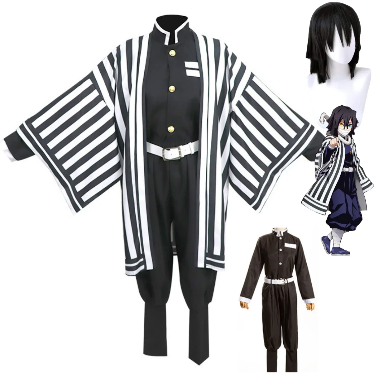 Anime Iguro Obanai Cosplay Costume Hashira Member Stripe Shawl Coat Black Fight Uniform Wig Man Woman Christmas Party Suit