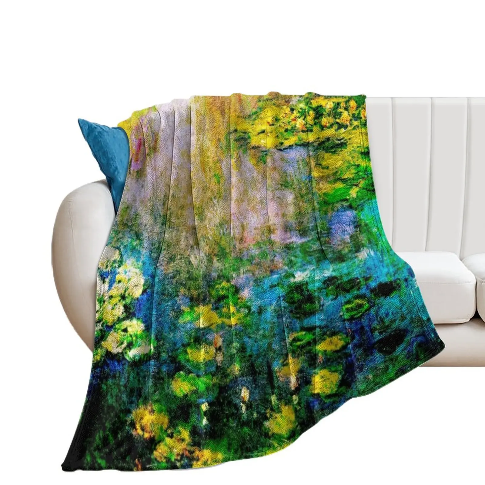 Claude Monet Les Nymph??as Jaunes Yellow-teal Water Lily Garden Throw Blanket Furrys Bed linens Summer Blankets