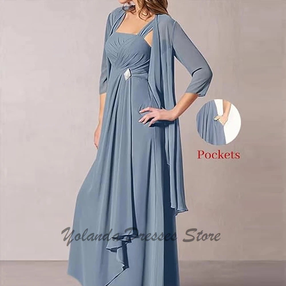 Elegant Square Neck Mother of The Bride Dresses Draped Pleated Lace Up Back Chiffon Formal Evening Gown Ankle Length 3/4 Sleeves