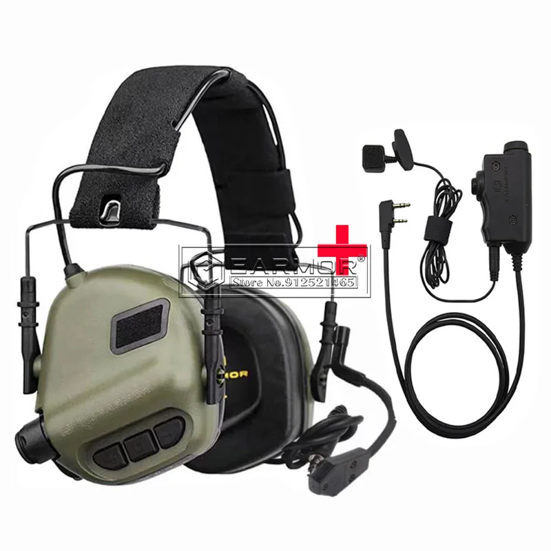 EARMOR M32 FG Tactical Headset & Kenwood PTT Adapter A Set for Communication Shooting Hearing Protection