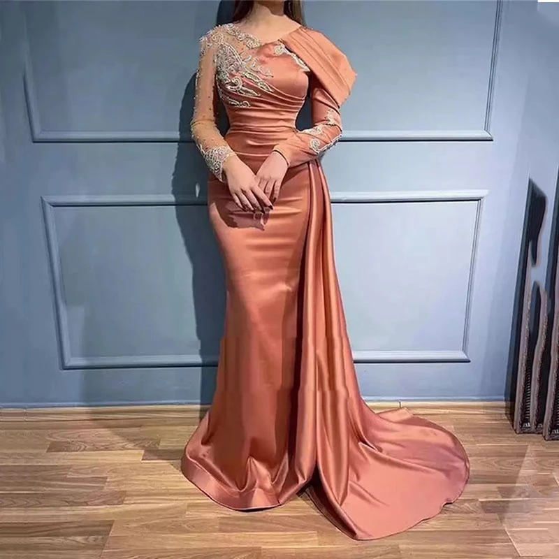 Angel Custom Dubai Mermaid Arabic Evening Dress For Women Wedding Long Sleeve Beaded Appliques Elegant Formal Party Gown