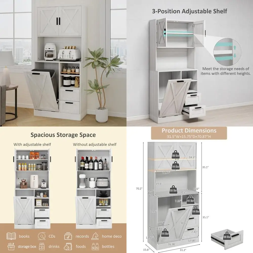 

71 Tall Kitchen Storage Cabinet with Tilt-Out Trash Can, Adjustable Shelves, 4 Drawers, 10 Gallon Capacity