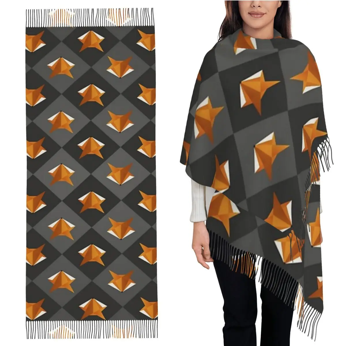 

Kitsune геометрический шарф с лисой, шарфы с кисточками для женщин, мягкие теплые шали и накидки, большая осенне-зимняя шаль