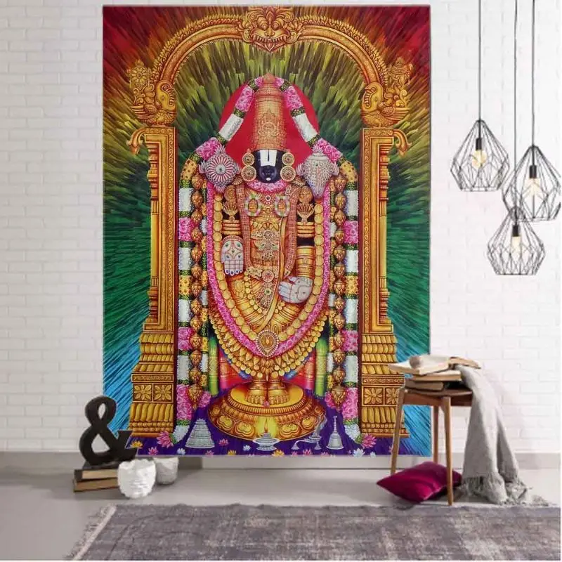 Indian Statue Wall Tapestry Tirupati Wreath Art Backdrop Polyester Wall Hanging Indian Style Bedroom Dorm Living Room Home Decor