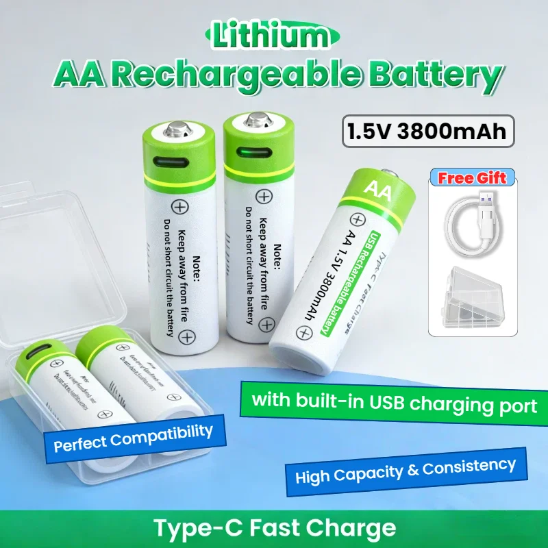 

1.5V AA Lithium Rechargeable Battery USB-C Rechargeable 3800mAh Constant Voltage Fast Charging for High Drain Devices