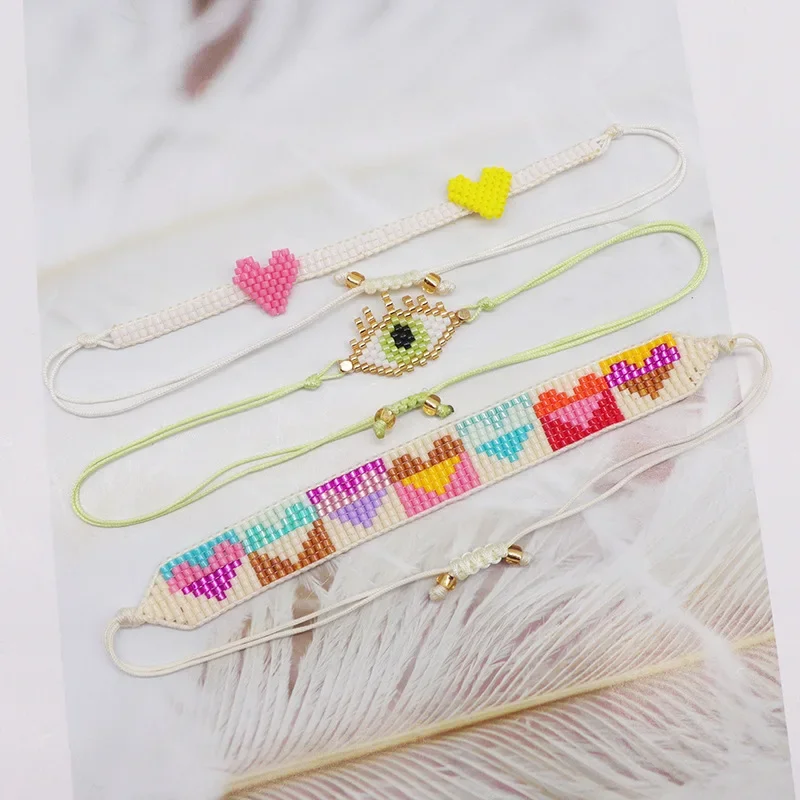 Beaded bracelet Originality Devil's eye Design Heart Hand knitting Bohemia Adjustable Tide Female Simple Rice bead bracelet set