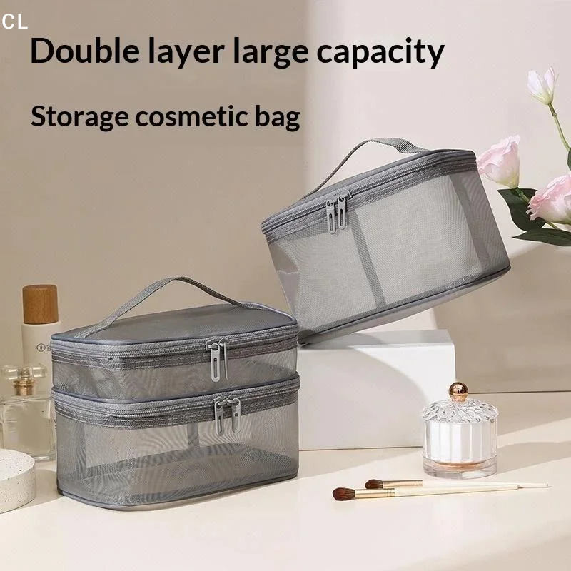 AttireTrovePortable Transparent Mesh Travel Bag Large Capacity Storage Toiletry Bag 2 Layer Makeup Case Toiletries Organization