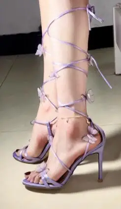 Lawendowy Niebieski Srebrny Jedwabny Motyl Dekoracja Sandały na wysokim obcasie Kobiety Lato Otwarty palec 8 CM Szpilka Bankiet Sukienka Buty