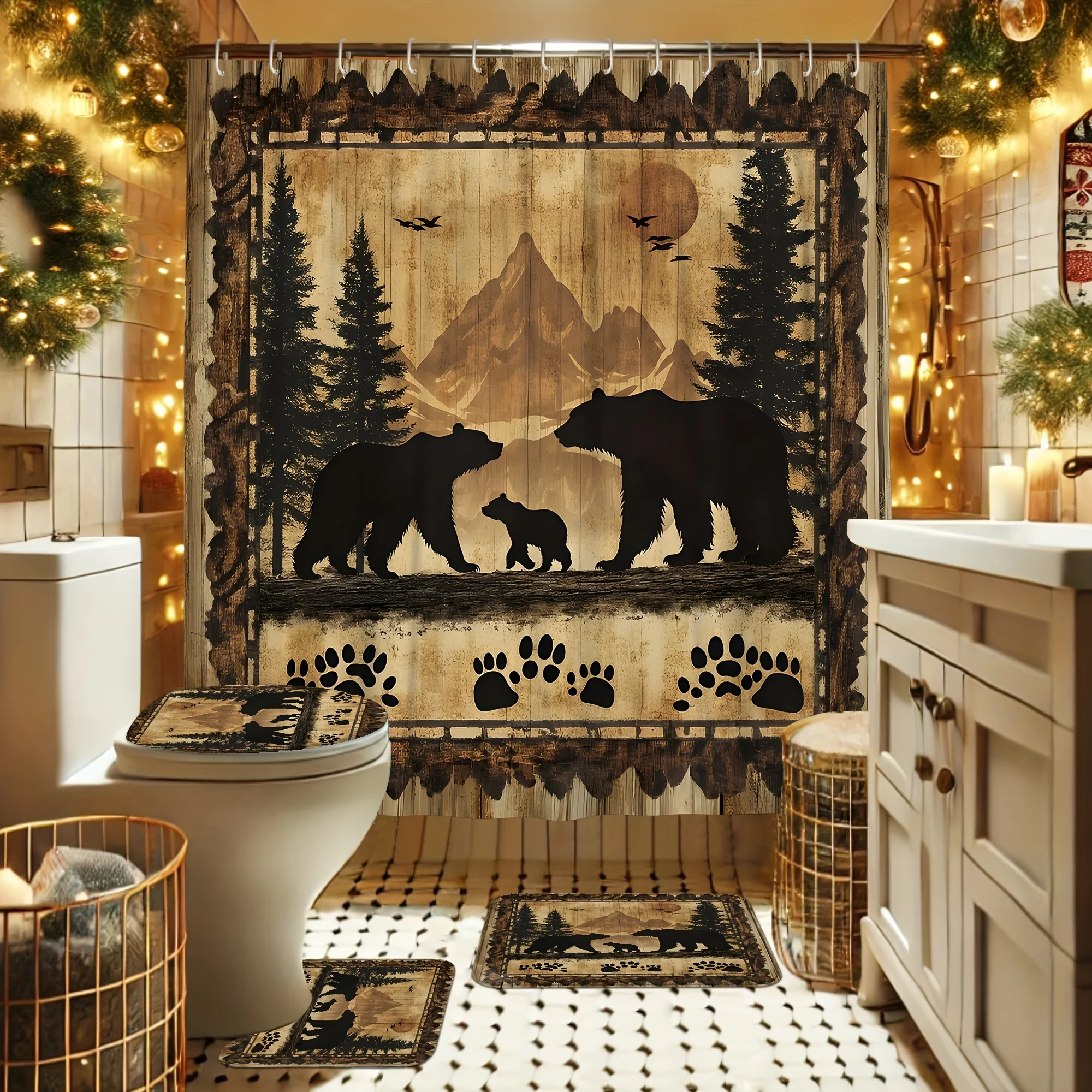 4Pcs Spring Summer Bath Set, Rustic Koala Farm, Black Brown, 12 Hooks, Non-Slip Mat, U-Shaped Cover