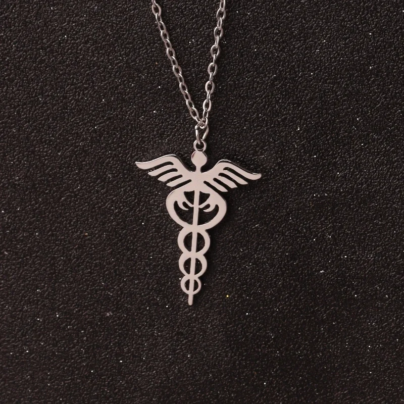 Staff Of Asclepius Pendant Necklace Scepter Stainless Steel Caduceus Pendant Medical Jewelry Doctor Nurse Graduation Gifts