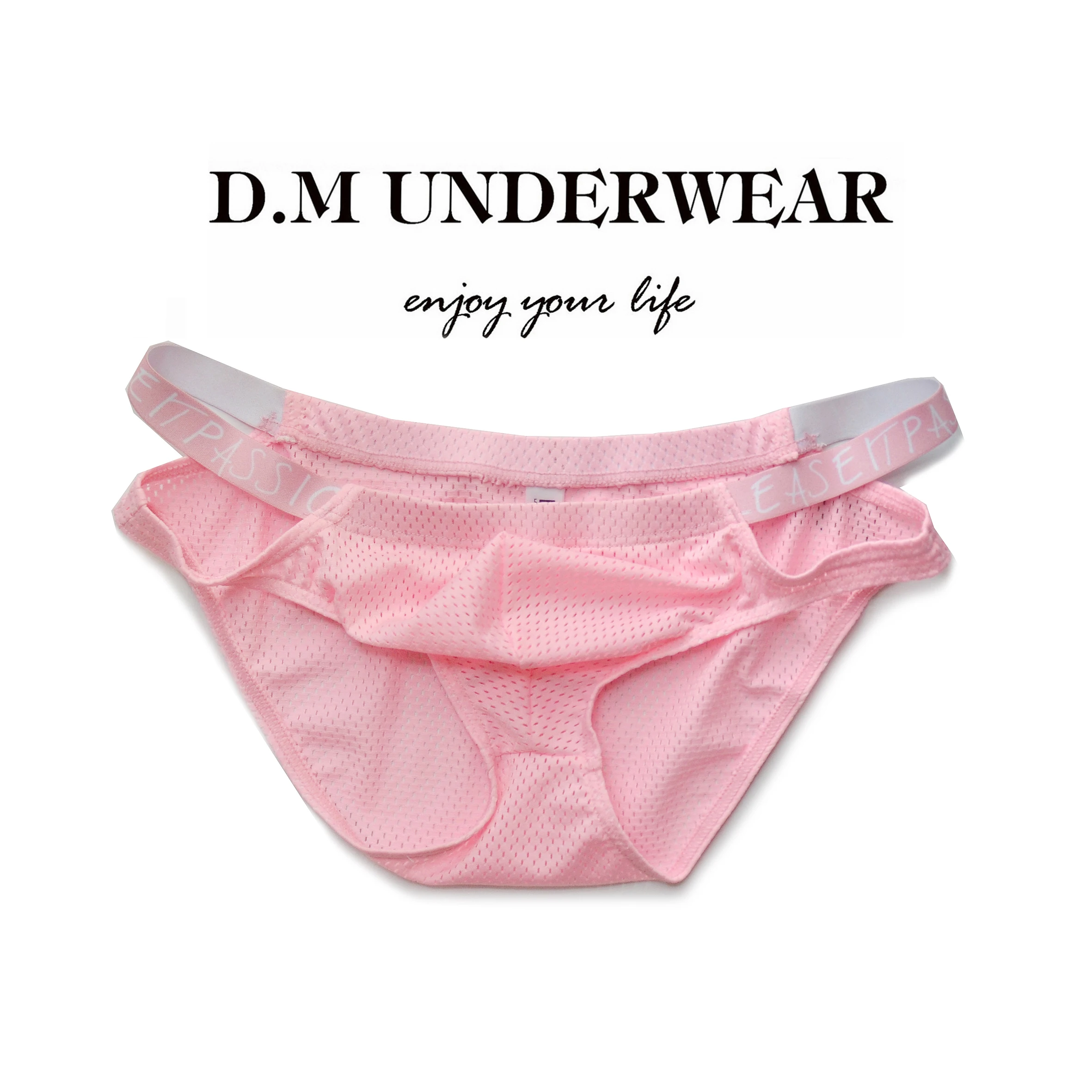 

D. M Men's Pink Briefs Quick Drying Low Waist Solid Color Letters Three-dimensional Bag Design Mesh Sports underwear men sexy