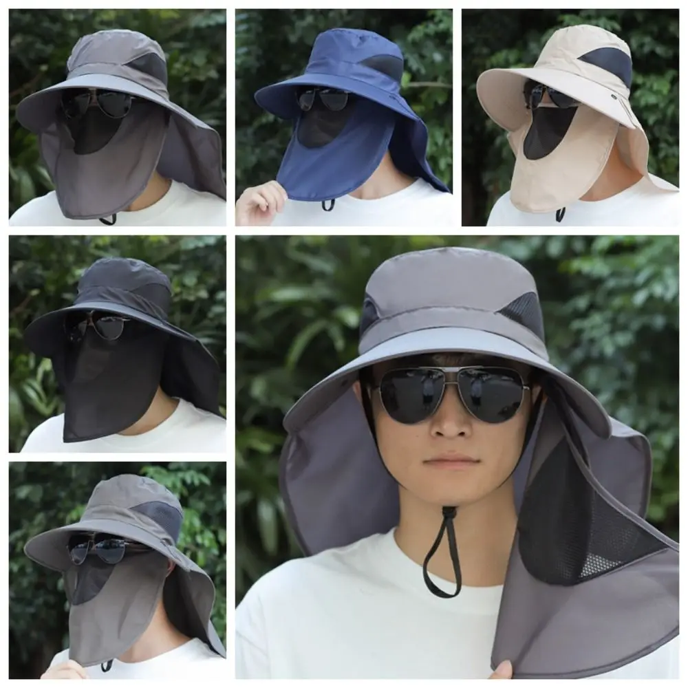 Multi-function Wide Brim Bucket Hat UV Protection Sunscreen Fisherman Hat Adjustable Chin Rope Balaclava Hat Sun Hat Unisex