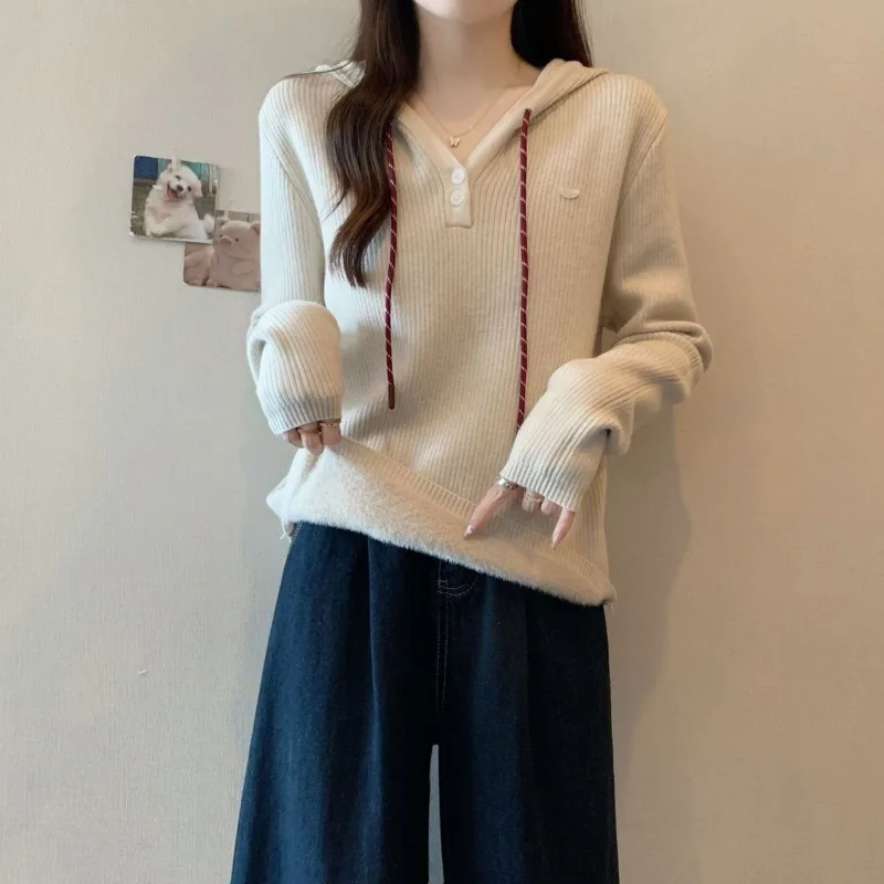 Hooded One-piece Velvet Sweater Women's Autumn and Winter New Pullover Sweater Plus Velvet Thickened Bottoming Top