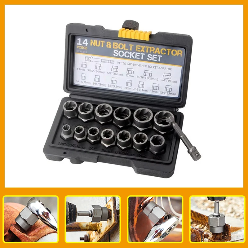 

Obelix 14Pcs Impact Bolt & Nut Remover Set Cr-Mo Steel Bolt Extractor Tool Set With Solid Storage Case For Industrial Shipping