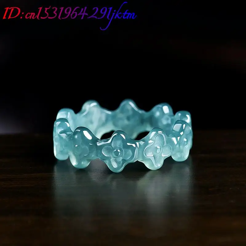 Natural Burmese Jadeite Clover Ring Accessories Carved Luxury Charm Gemstone Designer Real Jade Fashion Jewelry Gifts for Women view 2
