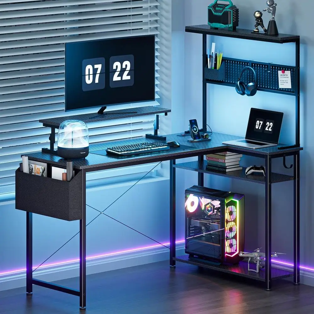 L-Shaped 52 Gaming Desk with LED, Monitor Stand, Storage, and Power Outlets