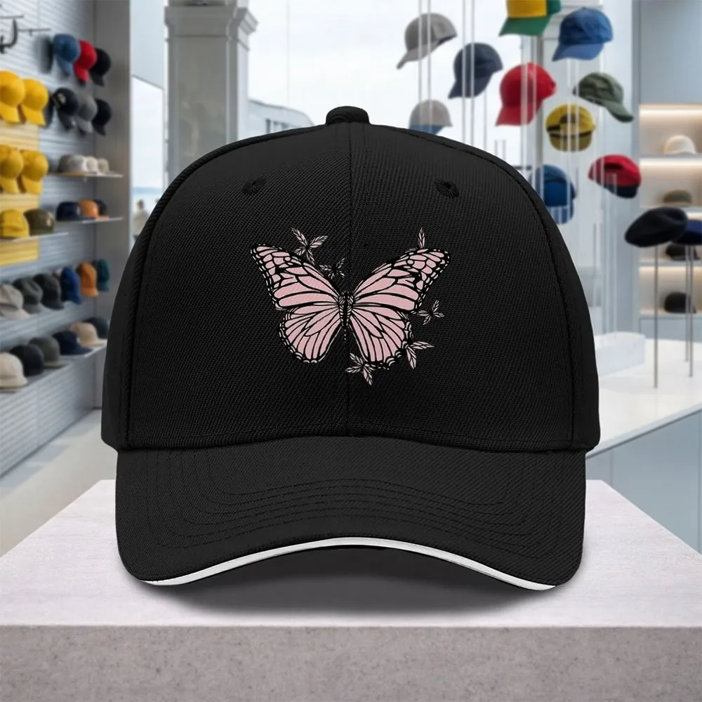 Pink Butterfly Print Baseball Cap Adjustable Sandwich Cap for Weddings Parties Music Festivals Outdoor