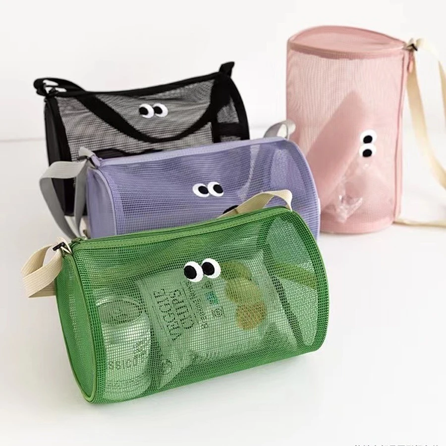 Cylindrical Mesh Makeup Bag, Travel Crossbody Beach Swimming Bag, Hollowed Out Toiletries Storage Bag