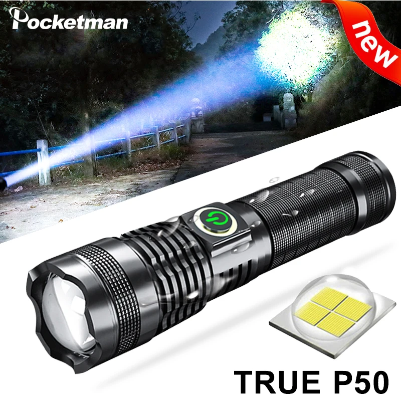 Linterna LED XHP50 superbrillante, linterna táctica de bolsillo con zoom, resistente al agua, para Camping, senderismo y emergencia