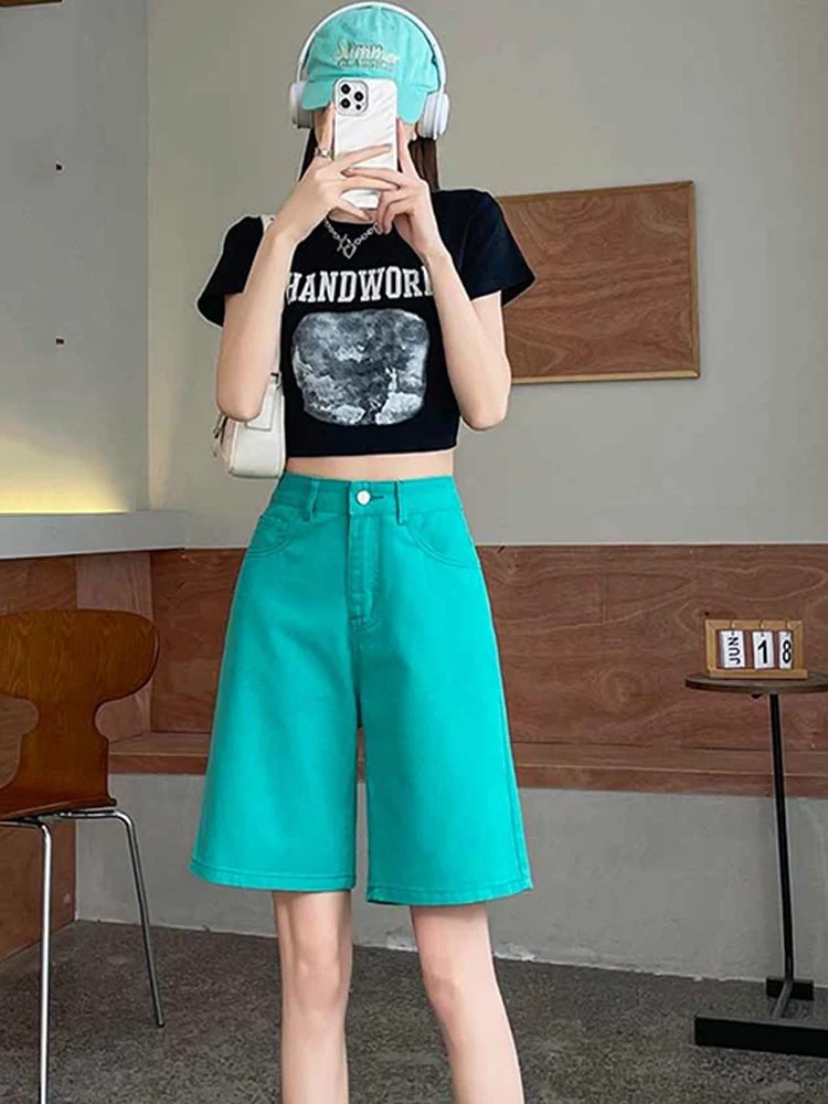 Pantaloncini a gamba larga in denim incrociato al ginocchio da donna estate 2025 nuovi popolari pantaloni a 5 punti a gamba dritta alla moda casual a vita alta