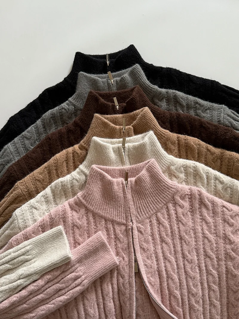 سترة محبوكة مزدوجة السحاب بلون نقي للنساء دافئة Sli الكورية Sle الخريف الشتاء وصول جديد تنوعا الوقوف طوق