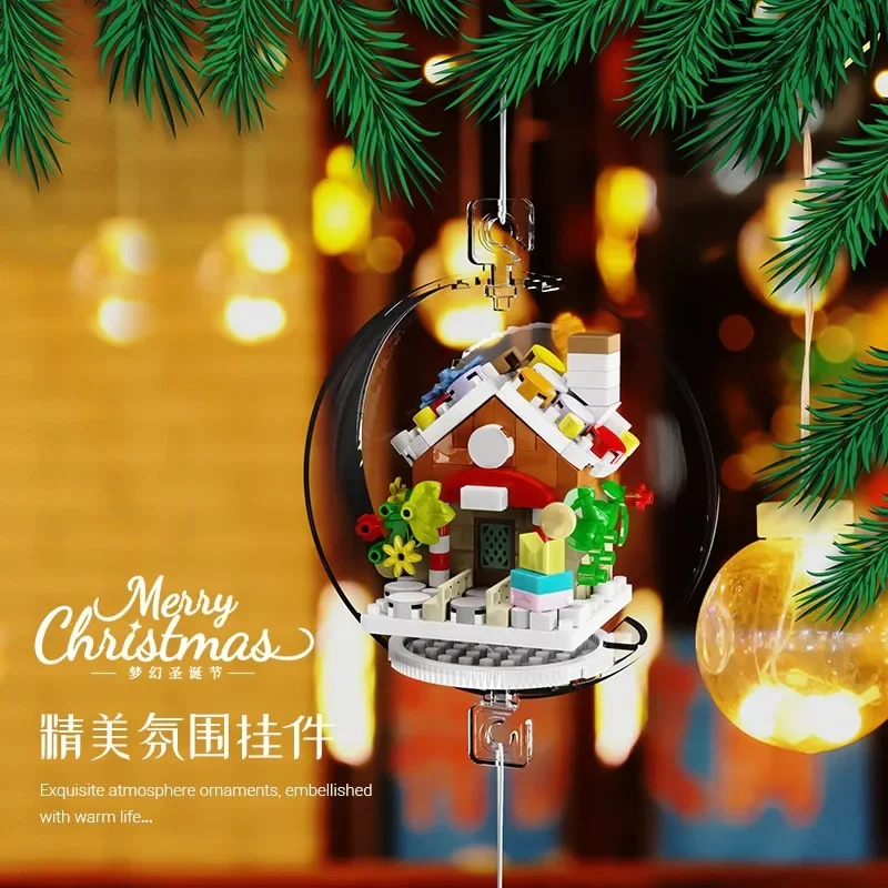 Christmas Tree Decoration Micro Building Blocks Santa Claus Sled House Transparent Ball DIY Assembly Mini Bricks Figure Toys