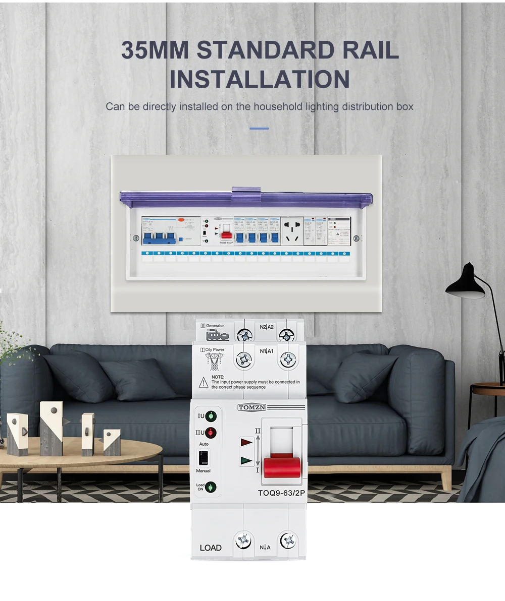TOMZN TOQ9 Schlanker Dual-Power Automatischer Transferschalter ATS 2P 4P 230V AC 63A DIN-Schiene 50/60Hz Unterbrechungsfreier Umschalter – Detail 7