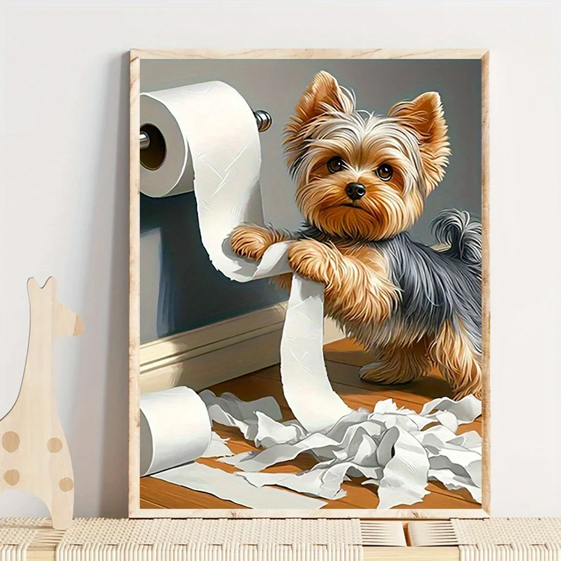 Frameless Canvas Painting Frameless, Yorkshire Dog In Bathroom Wall Art, Funny Canvas Painting Wall Decor, Home Bedroom Kitchen