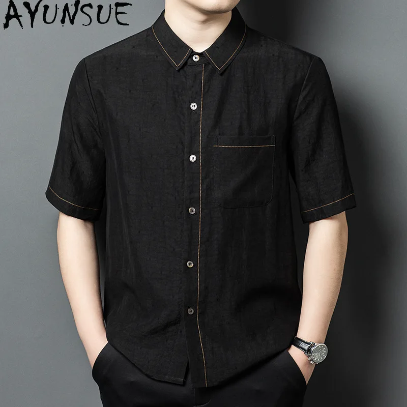 AYUNSUE Brand 100% Mulberry Silk Man Shirts Luxury 2025 Solid Color Black Short Sleeve Shirt Men Clothes Casual Loose Tops 반팔 남방