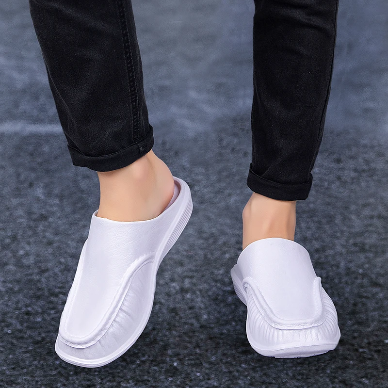 Soft-soled Black Half-slippers for Men Shoes Summer Big Size 47 Lightweight Men's Slippers Trendy Non-slip Toe-cap Men Slippers